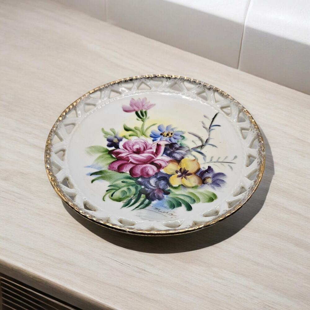 Vintage UCAGCO Japan Hand Painted Floral Porcelain Wall Plate Gold Trim